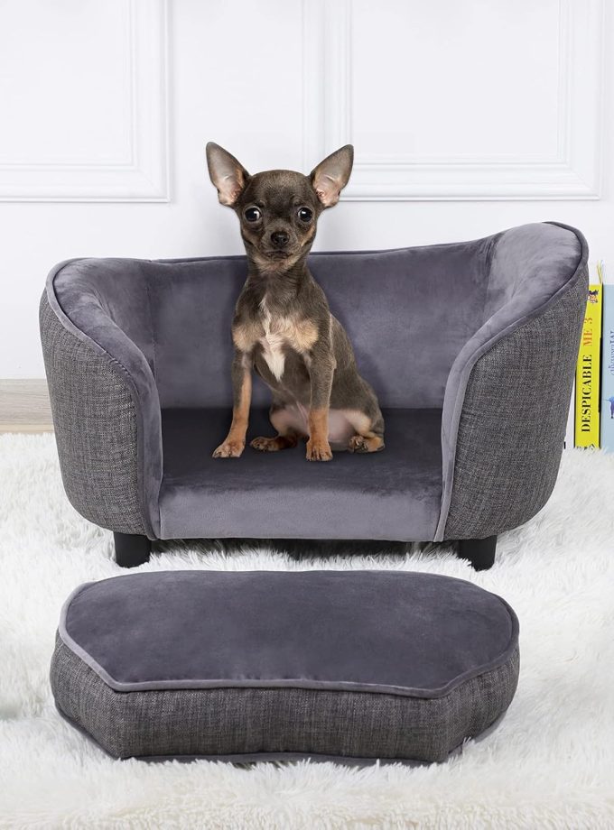Pet Sofa Bed, Velvet & Linen Fabric Dog Couch with Washable Cushion for Small Dog Cat Gray (Gray)