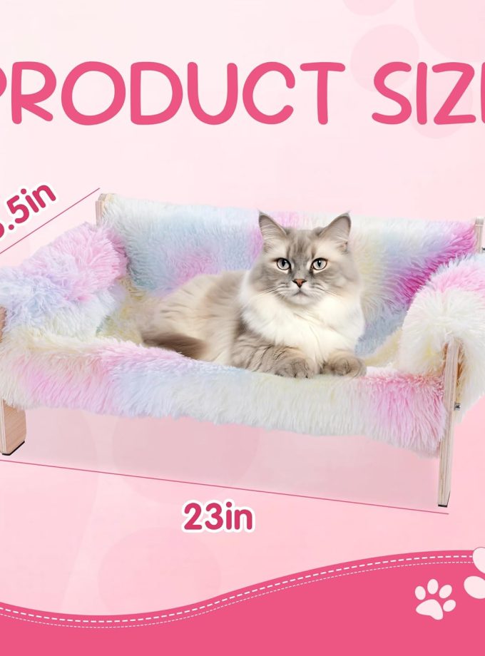 Plush Tie-Dye Cat Couch Bed, Pink Cat Sofa Bed Pet Sofa for Indoor Cats, Wooden Elevated Pet Sofa Bed Cat Chair for Kitty, Puppy or Small Animal