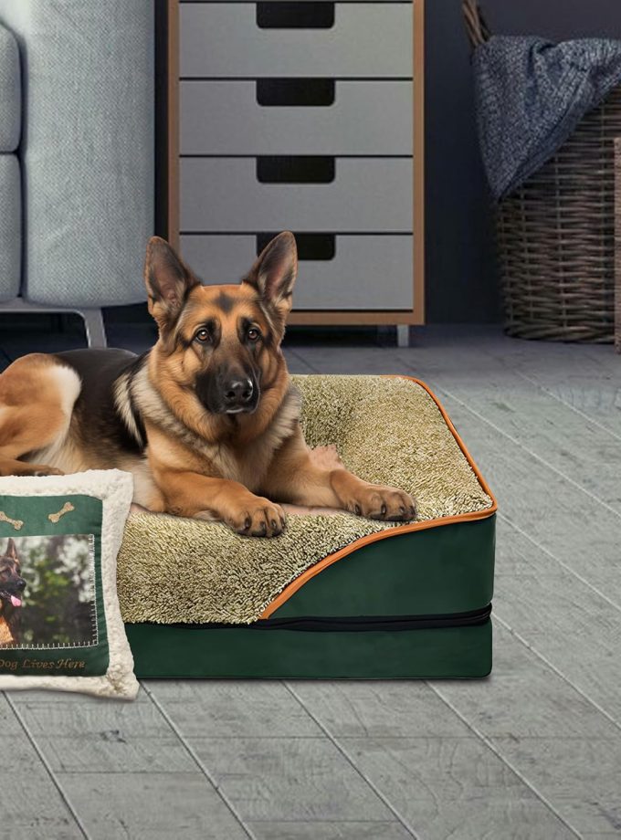 Large Dog Sofa Bed with Pillow, Orthopedic Pet Bed Elevated Couch with Removable Washable Cover Green 40x24x6.5 in